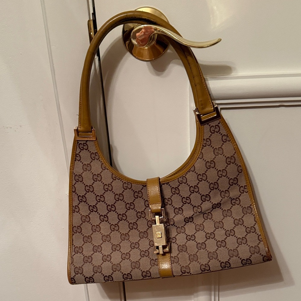 Vintage Gucci Brown and Yellow Monogram Shoulder Bag
